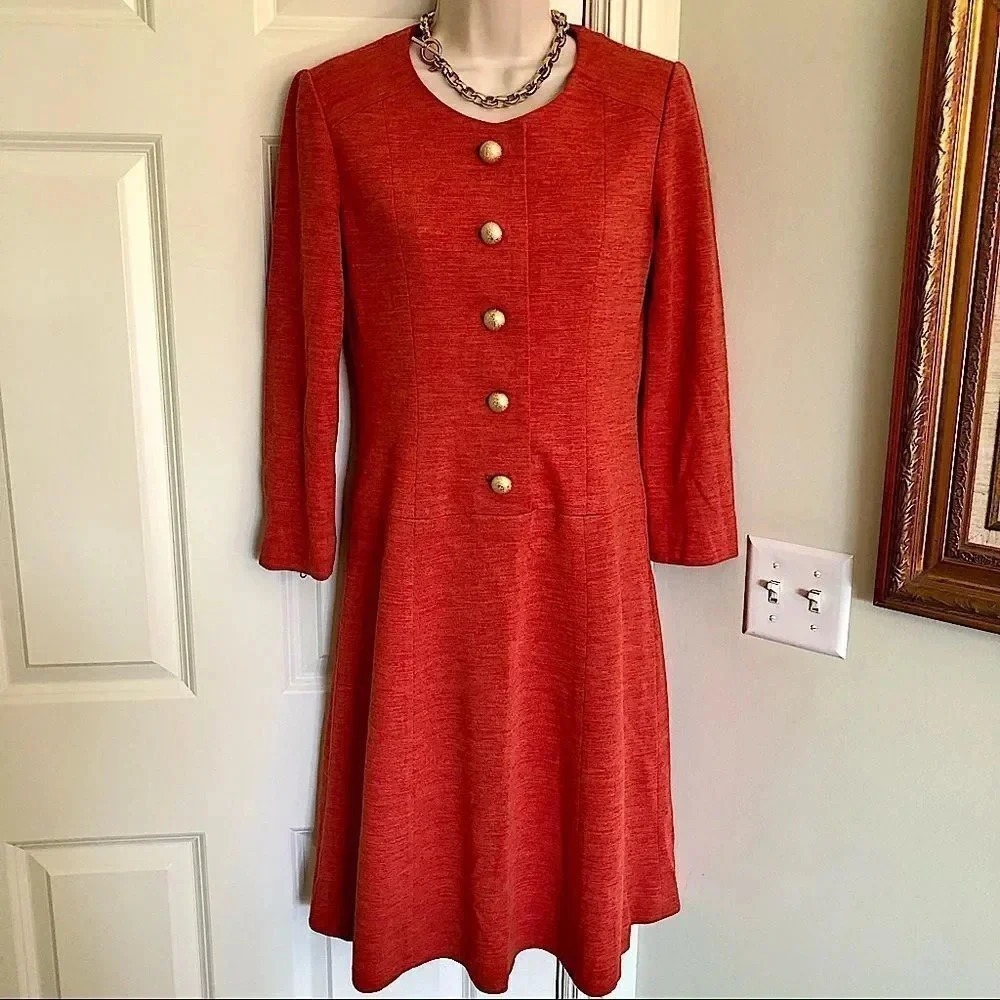Vintage Orange Button Front Dress Long Sleeve A Line Career Wear